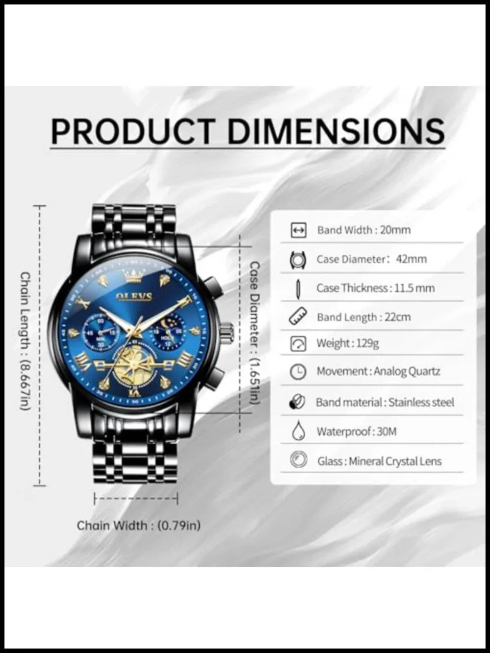 Mens Luxury Dress Watch Stainless Steel Waterproof Chronograph